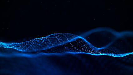 Abstract wave of connected hexagons. Futuristic polygonal background. Artificial intelligence. Big data technology. 3d rendering