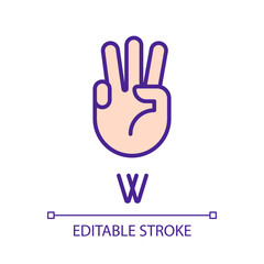 Letter W in American sign language pixel perfect RGB color icon. Nonverbal communication. Gestures system. Isolated vector illustration. Simple filled line drawing. Editable stroke. Arial font used