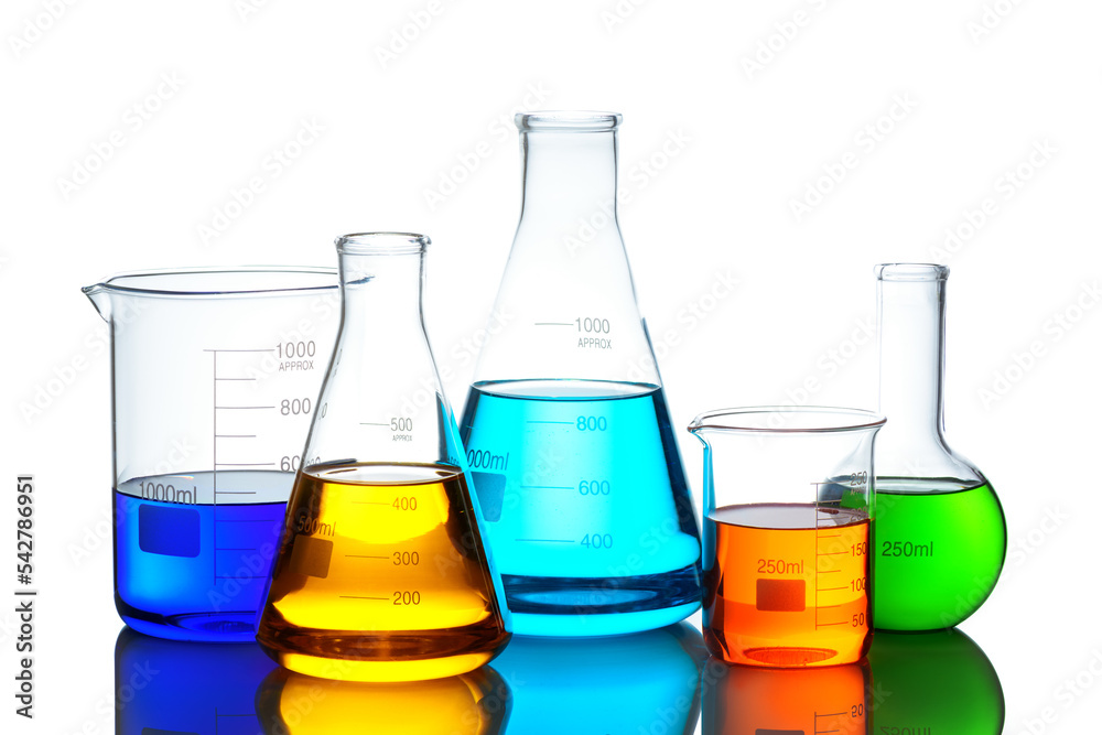 Wall mural laboratory glassware set with color liquid and reflection isolated