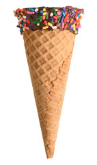 empty ice cream cone with chocolate and sprinkles isolated