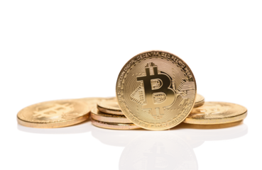 Macro shot of crypto currency gold Bitcoin coins. 