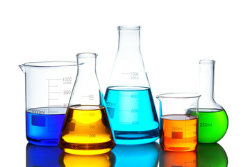 Laboratory glassware set with color liquid and reflection isolated