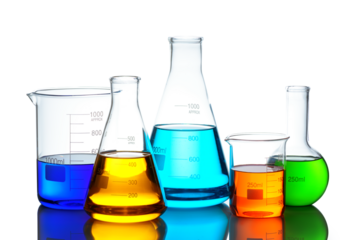 Laboratory glassware set with color liquid and reflection isolated