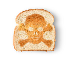 Burnt toast with image of skull and crossbones isolated