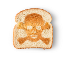 Burnt toast with image of skull and crossbones isolated