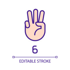 Obraz premium Digit six in American sign language pixel perfect RGB color icon. Visual modality for count. Isolated vector illustration. Simple filled line drawing. Editable stroke. Arial font used