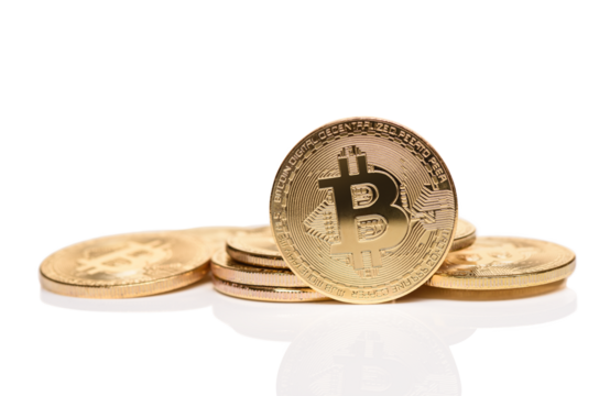 Macro shot of crypto currency gold Bitcoin coins. 