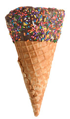 empty ice cream cone with chocolate and sprinkles isolated