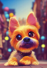 portrait of an adorable puppy dog sitting on the street sidewalk, digital painting in 3D cartoon movies style