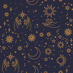 Seamless pattern with constellations. Sun, moon, magic hands and stars. Mystical esoteric background for design. Astrology magical vector.