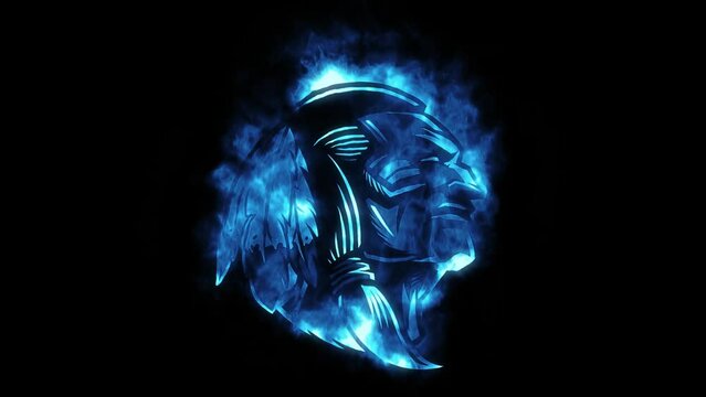 Blue Fire Indian Warrior Face Logo Looping Animation Graphic Element