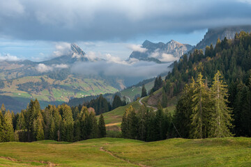 View along the hiking trail to the Chli Aubrig mountain peak, Canton Schwyz, Switzerland