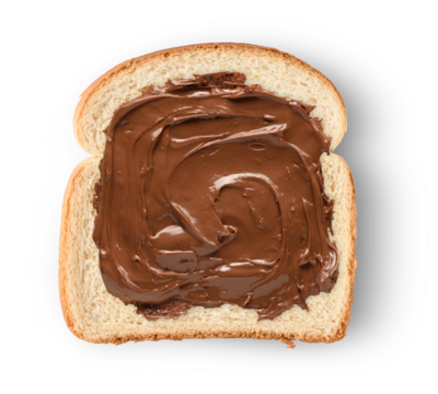 Chocolate spread on a slice of toast, isolated