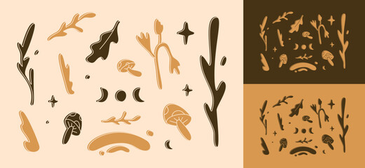 Magic linocut wild clipart set. Folk art nature collection. Forest and garden elements. Wild nature vector illustration.	