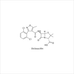 Dicloxacillin  flat skeletal molecular structure Penicillin  drug used in bacterial infection treatment. Vector illustration.