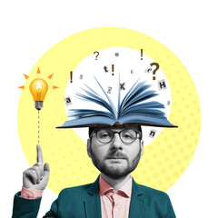 Head with an open book and a light bulb as a metaphor for a new idea. Art collage.