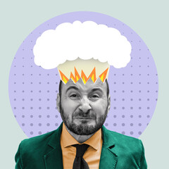 Art collage with an angry man. Emotional explosion, overwork, concept.