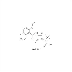Nafcillin flat skeletal molecular structure Penicillin  drug used in bacterial infection treatment. Vector illustration.