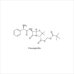 Pivampicillin  flat skeletal molecular structure Penicillin  drug used in bacterial infection treatment. Vector illustration.