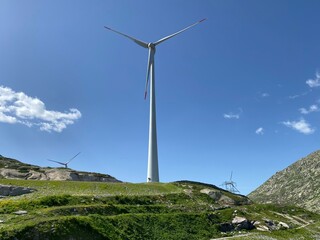 Gotthard wind farm or Windpark St. Gotthard in the alpine mountainous area of the Gotthard Pass (Gotthardpass), Airolo - Canton of Ticino (Tessin), Switzerland (Schweiz)