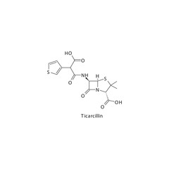 Ticarcillin  flat skeletal molecular structure Penicillin  drug used in bacterial infection treatment. Vector illustration.