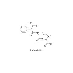 Carbenicillin  flat skeletal molecular structure Penicillin  drug used in bacterial infection treatment. Vector illustration.