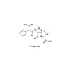 Temocillin  flat skeletal molecular structure Penicillin  drug used in bacterial infection treatment. Vector illustration.