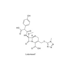 Latamoxef  flat skeletal molecular structure 3rd generation Cephalosporin drug used in bacterial infection treatment. Vector illustration.