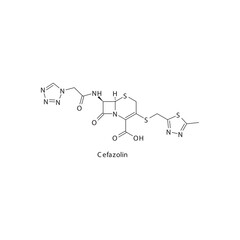 Cefazolin flat skeletal molecular structure 1st generation Cephalosporin drug used in bacterial infection treatment. Vector illustration.