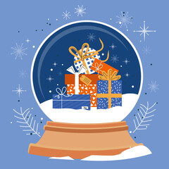 Christmas snowglobe of colorful gifts, different boxes with bows. Flat style