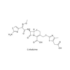 Cefodizime flat skeletal molecular structure 3rd generation Cephalosporin drug used in bacterial infection treatment. Vector illustration.