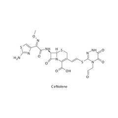 Ceftiolene  flat skeletal molecular structure 3rd generation Cephalosporin drug used in bacterial infection treatment. Vector illustration.