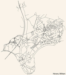 Detailed navigation black lines urban street roads map of the HEVEN MUNICIPALITY of the German regional capital city of Witten, Germany on vintage beige background