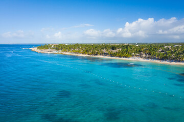 Dominicus beach at Bayahibe with Caribbean sea sandy seashore. Aerial view