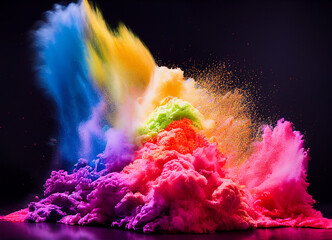 A colourful powder explosion, mix of colours, on a black background 