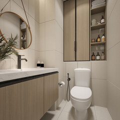 Interior of stylish bathroom with beige tile wall, tile floor, comfortable white sink with round mirror above it and cabinet in background. 3d rendering