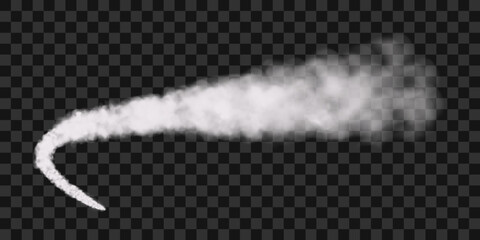 Traces of white smoke from an airplane, rocket or spacecraft launch. Realistic 3d vector illustration isolated on transparent background. © Larysa