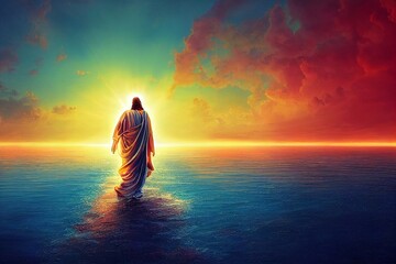 The figure of Jesus walks on water on a sunny background.
