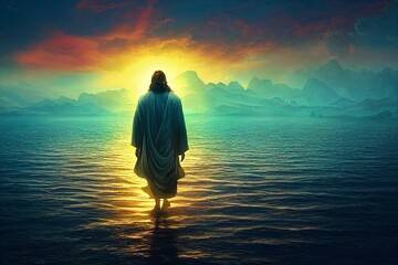 Fototapeta The figure of Jesus walks on water on a sunny background. obraz