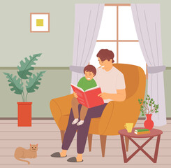 Father reading book together with his son. Dad and child in armchair. Daddy and kid with storybook. Parent and boy resting at cozy home. Happy family, man spend time with his child reads fairy tale