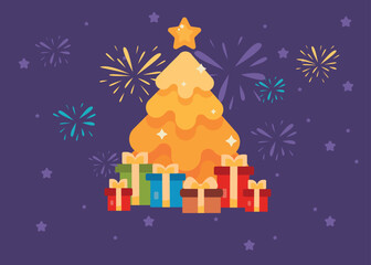 Christmas tree with decorations and gift boxes.Merry Christmas and Happy New Year.Bright Winter holiday composition.Fireworks, starry night,purple colors compositions.Greeting card, banner, poster.