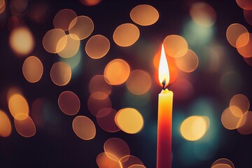 Candle flame light at night with abstract circular bokeh background Christmas lights - obrazy, fototapety, plakaty