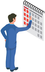 Businessman planning schedule. Time management, tasks scheduling, work with calendar, reminder. Save time and money concept. Employee works to create weekly plan or timetable, day organization