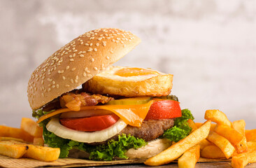 hamburger with Egg and fries