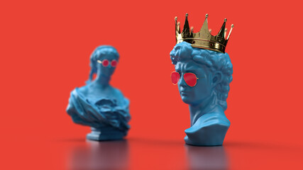 3d render a bust of David with a golden crown, a woman in glasses, a red background, blue sculptures, contrasting colors