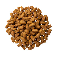 Heap of dry food for kittens isolated on a white background. Pile of small protein kibbles for young carnivore animals cutout. Concept of сomplete dry food for pets. Veterinary diet.