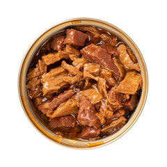Open jar of canned wet cat food cutout. Can of meat and liver pieces in a sauce for cats isolated on a white background. Feed for carnivore domestic animals concept. Canned meat for pets.