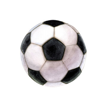 Watercolor illustration. Soccer ball for game of football. Isolated on a white background. Hand-drawn