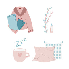 Set of items for better sleep. pajama, tea, pillows, oil. Relaxation, sleeping concepts