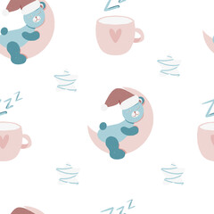 Seamless pattern Baby bear cub sleeping on a crescent moon and tea